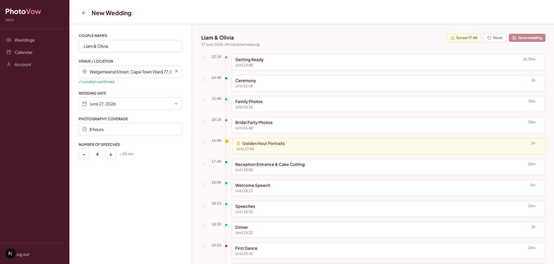 Time4Vow schedule view showing a full wedding day timeline with sunset highlighted